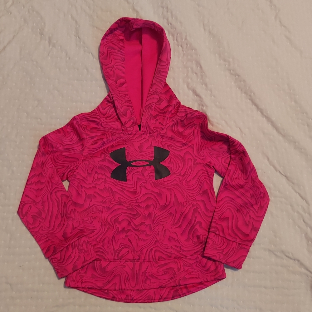 Under Armor Shirt Size 4 Girl Pink Swirl Hoodie HAS GRAY MARKS Pullover Top - Picture 2 of 16